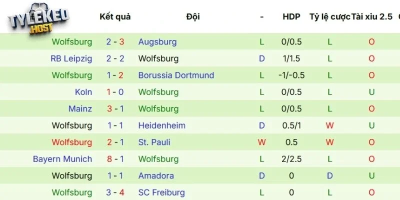 Thành tích thi đấu gần đây của Wolfsburg