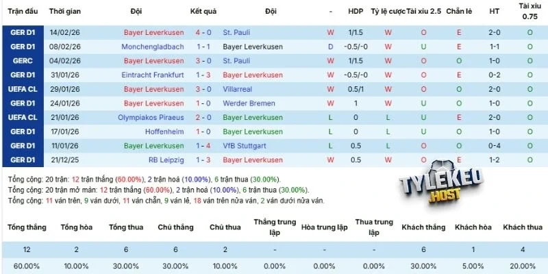 Thành tích thi đấu gần đây của Leverkusen 