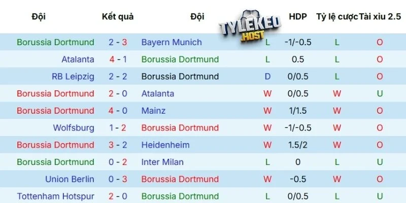 Kết quả thi đấu thời gian gần đây của Dortmund
