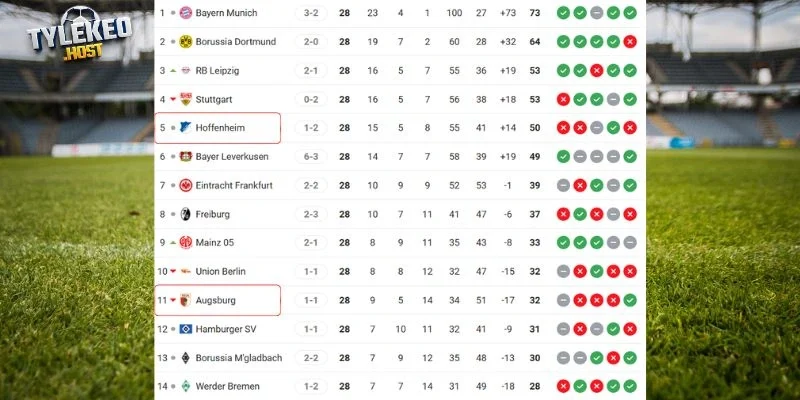Thứ hạng hiện tại của Augsburg vs Hoffenheim ở giải đấu